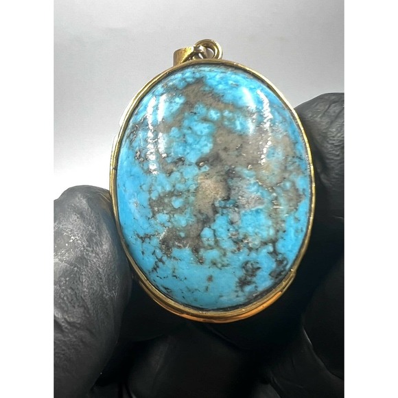 Natural Turquoise Pendant Metal Brass Handmade With Rope - Picture 7 of 11